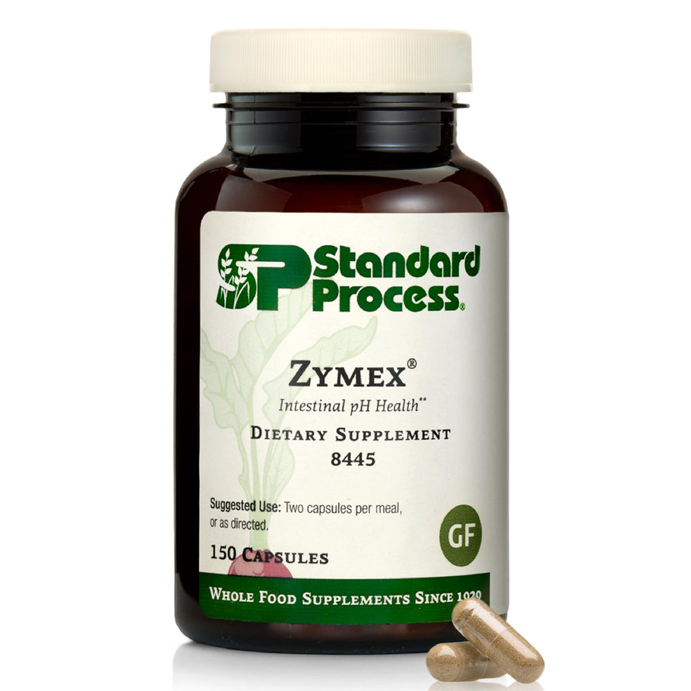 Standard Process Zymex bottle front highlights digestive health support for everyday gut comfort.