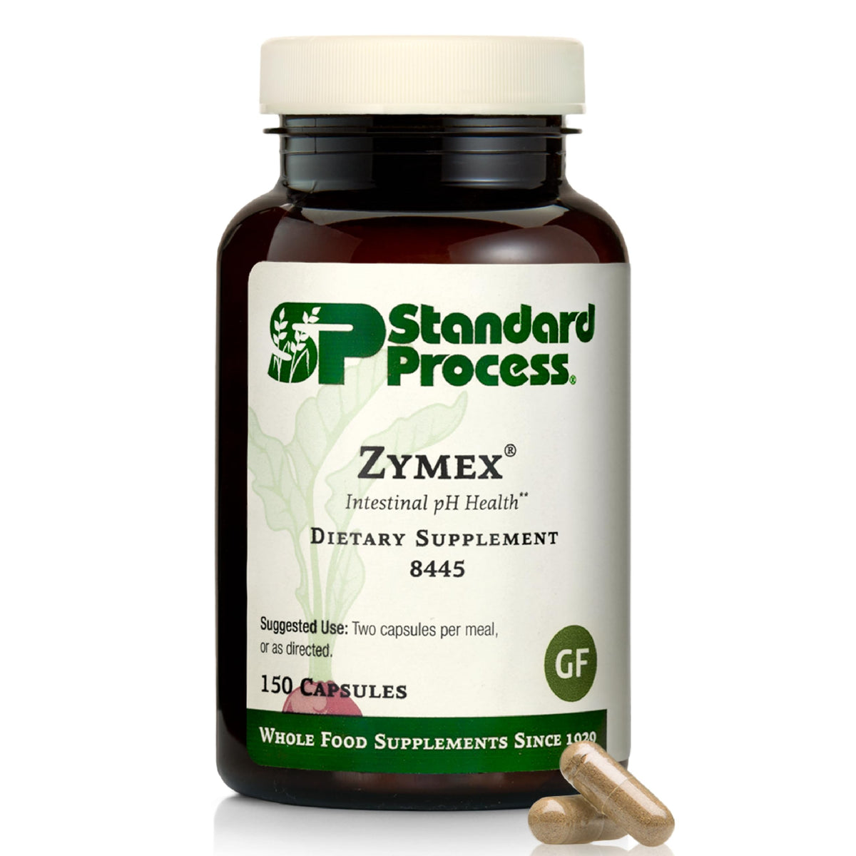 Standard Process Zymex bottle front highlights digestive health support for everyday gut comfort.