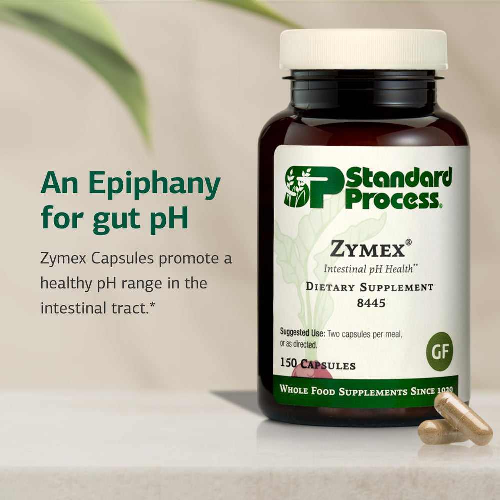 Standard Process Zymex capsules closeup emphasizes easy daily intake for digestive health support.