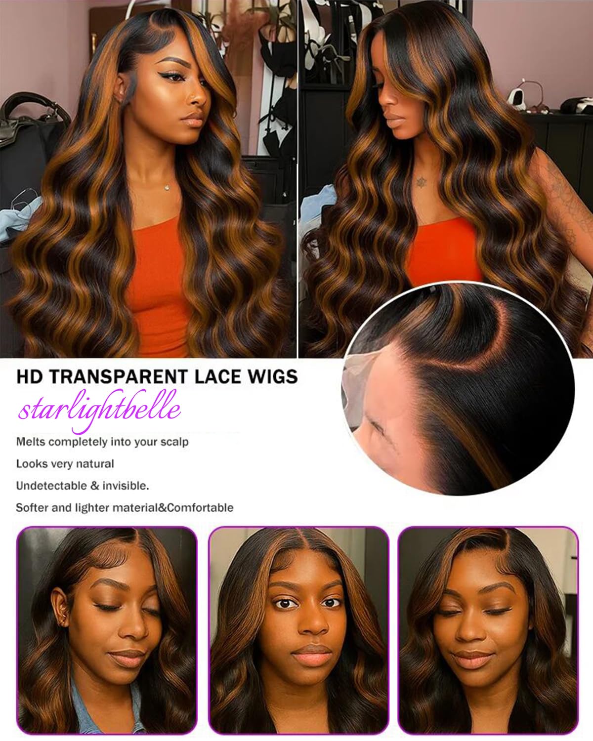 StarlightBelle breathable monofilament top supports multi-directional styling