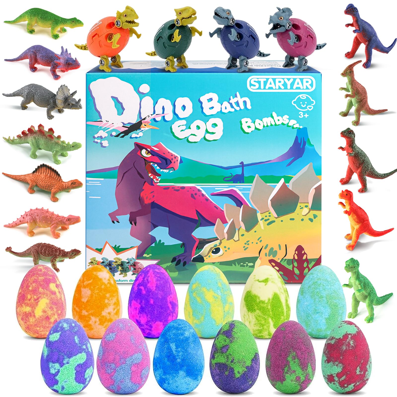 STARYAR bath bombs dinosaur eggs set splash vibrant colors for fun, creative bath time