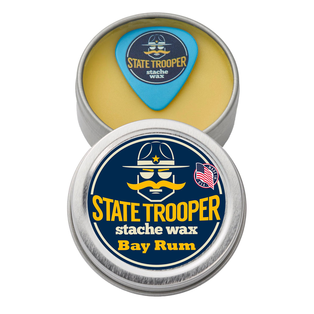 State Trooper Stache Wax medium-hold Bay Rum tin for versatile styling.