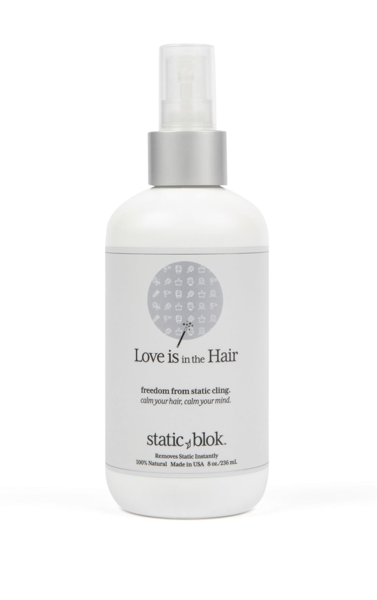Static Blok bottle front view demonstrates long-lasting anti-static protection for hair.