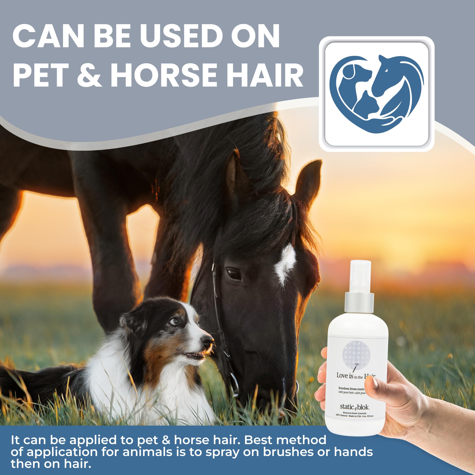Static Blok pet-friendly spray suitable for cats, dogs, and horses.