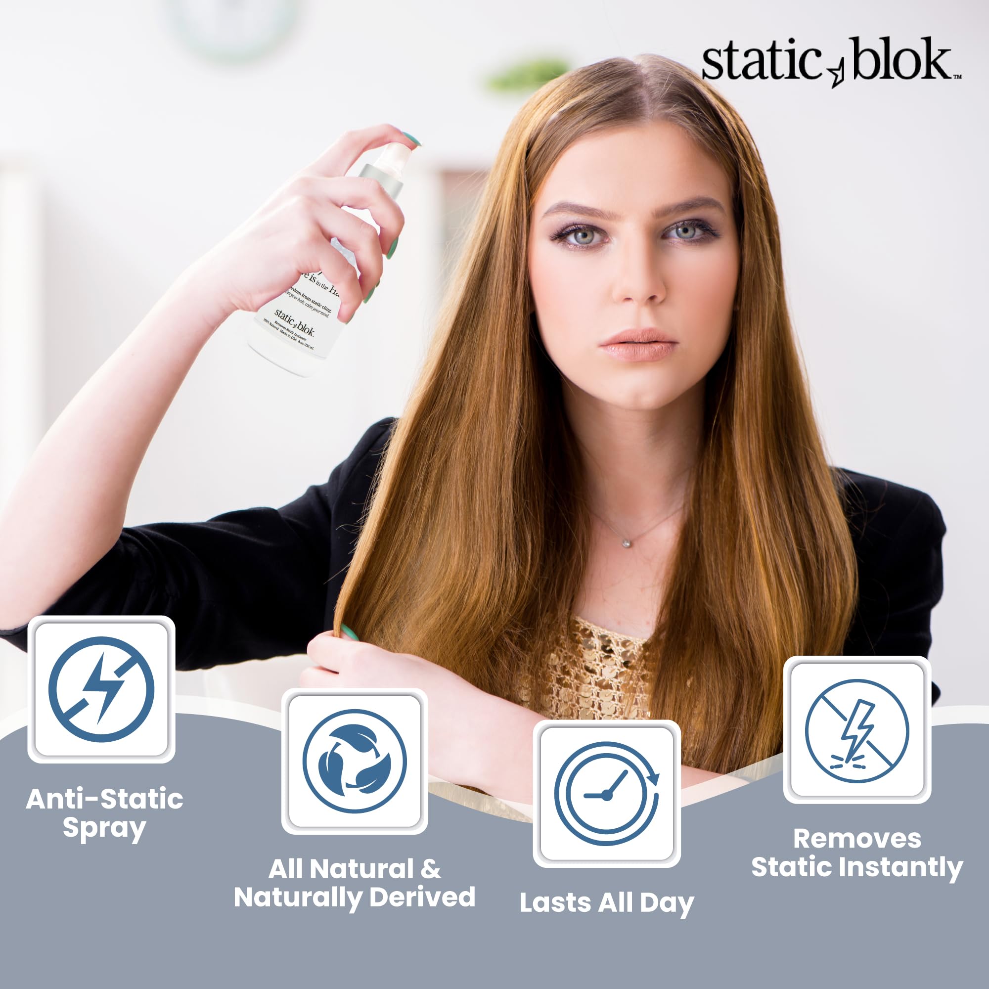 Static Blok on wigs shows versatile anti-static care for natural or synthetic styles.