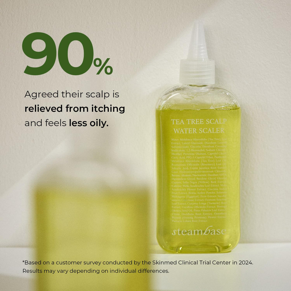 Steambase Tea Tree Scalp Treatment application on scalp targets buildup for deep cleanse.