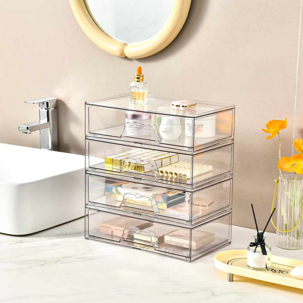 Stebopum 3-pack stackable makeup organizer with drawer open demonstrates easy access.