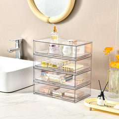 Stebopum 3-pack stackable makeup organizer with drawer open demonstrates easy access.