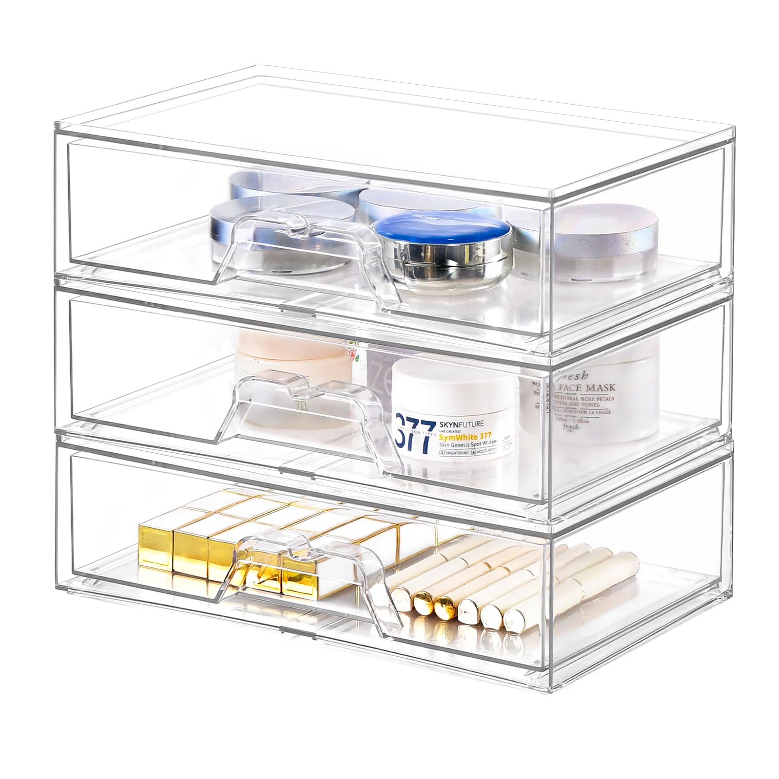 Stebopum 3-pack stackable makeup organizer front view improves vanity visibility.