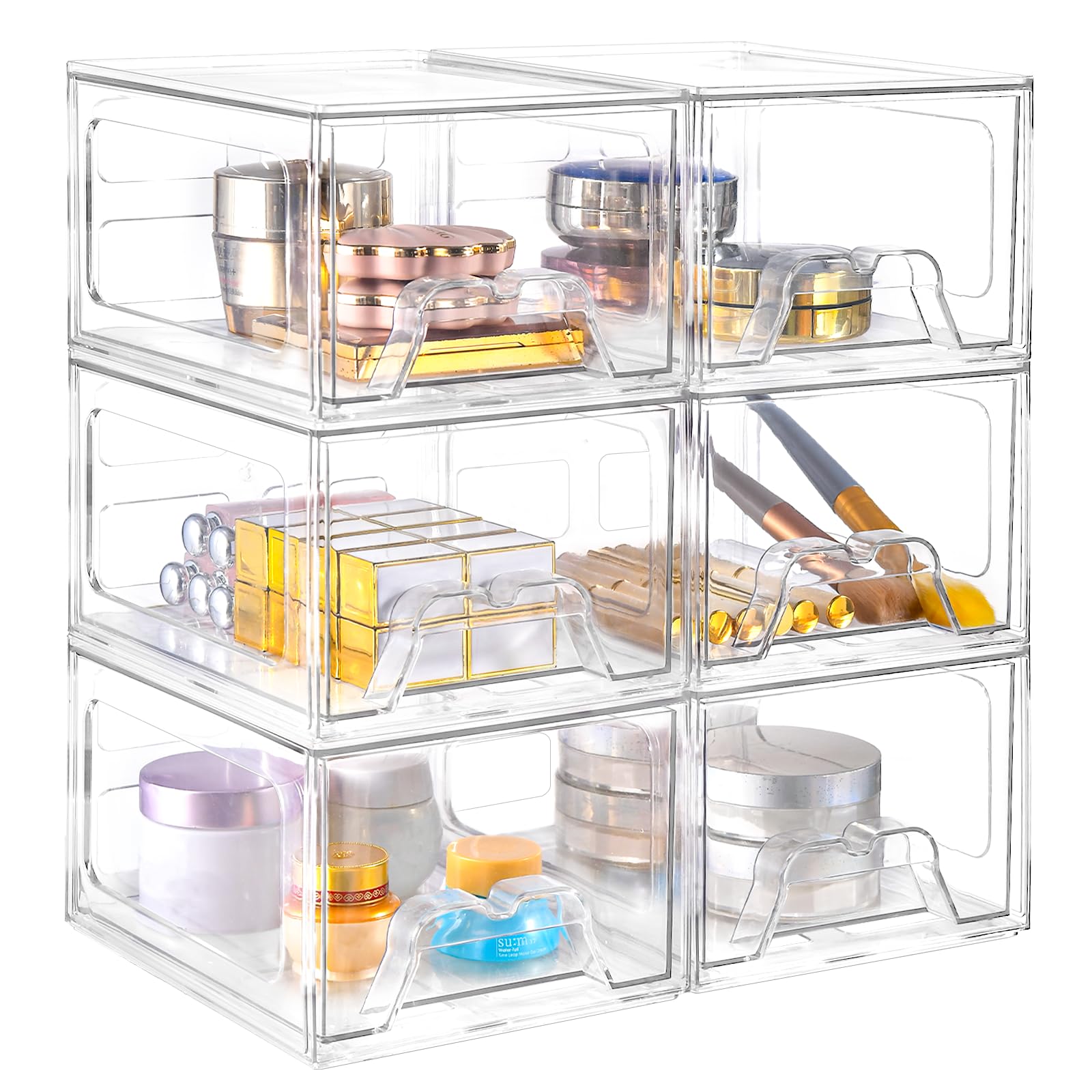 Stebopum 6-pack stackable makeup organizer top view for easy vanity access