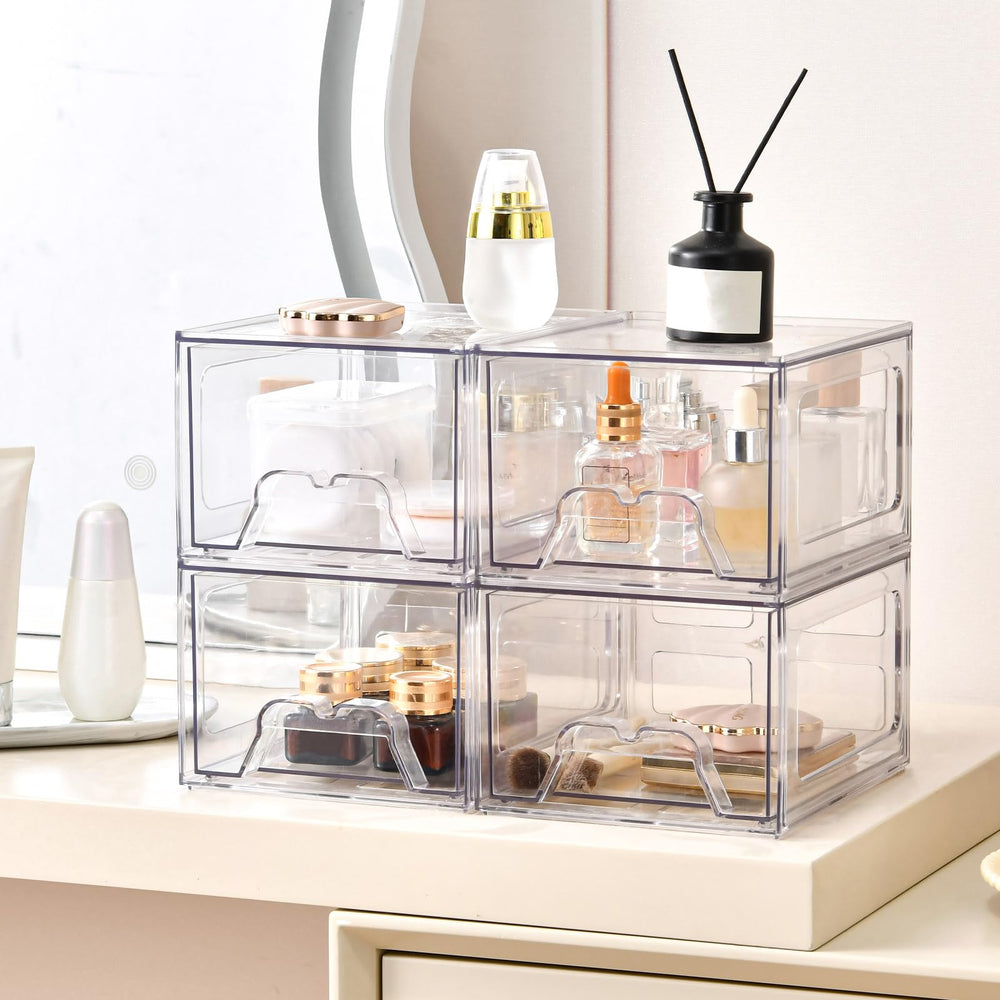 Stebopum stackable makeup organizer drawer with pull-out handle simplifies access