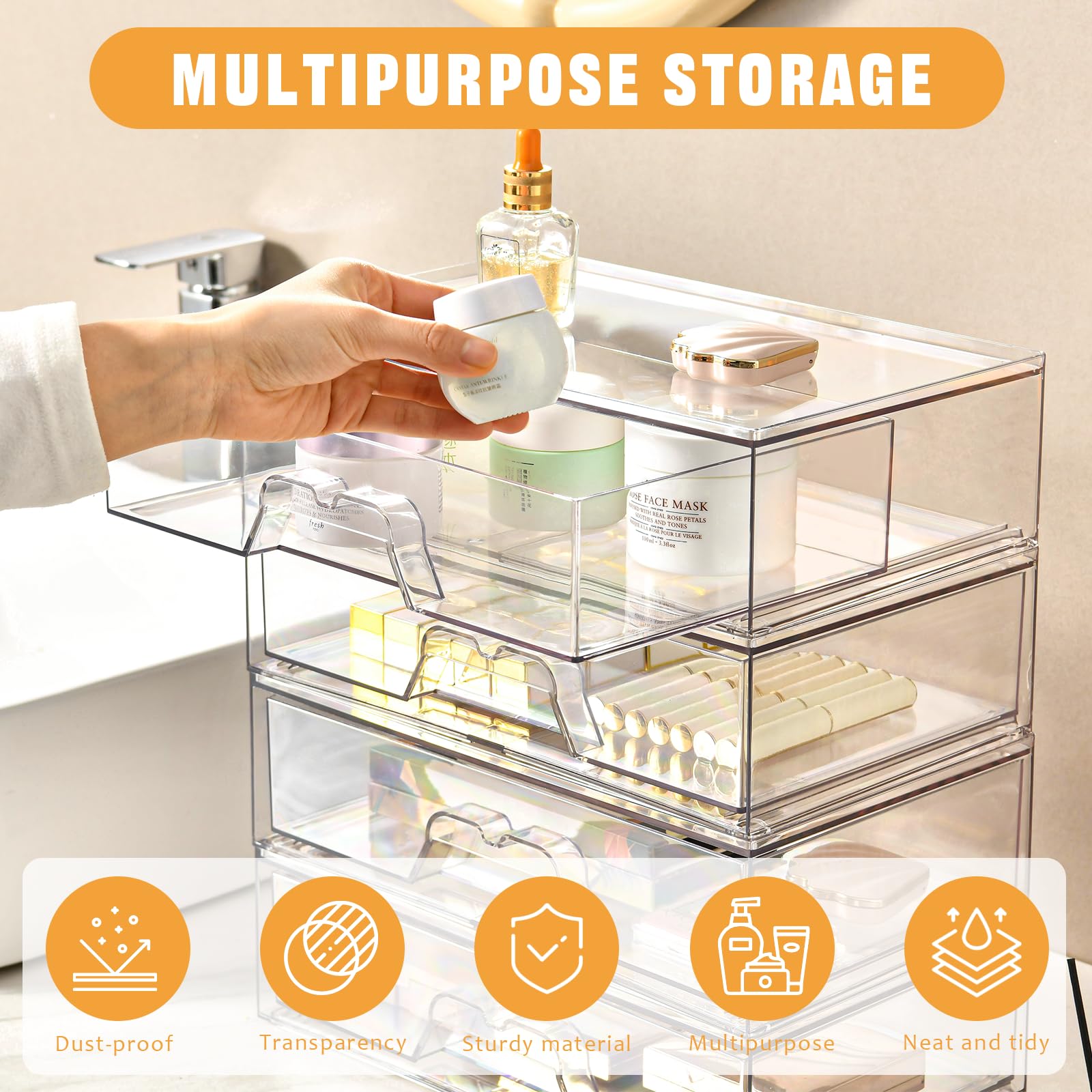 Stebopum vanity storage transparent-bin highlights clear visibility for quick picks.