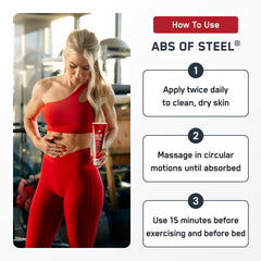 SteelFit Abs of Steel cream bottle label highlights caffeine and L-Carnitine ingredients