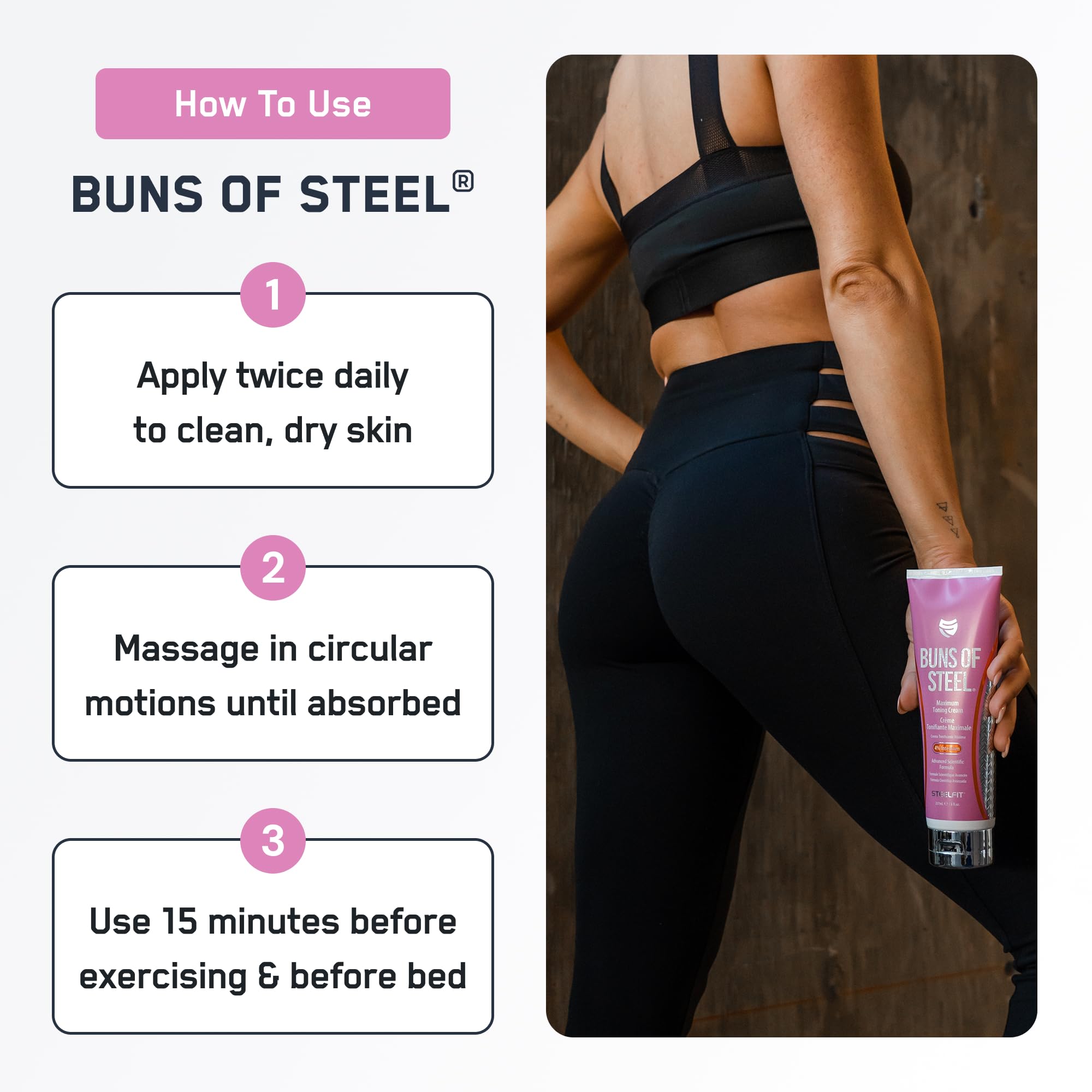 SteelFit Buns of Steel cream on thighs demonstrating coverage