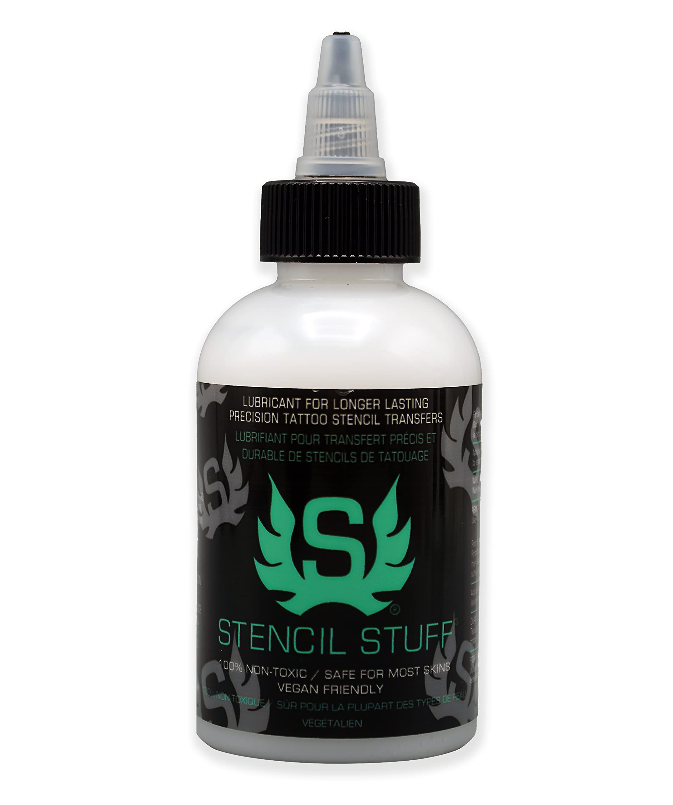 Stencil Stuff 4-ounce bottle front enables crisp stencil transfers with lasting results.