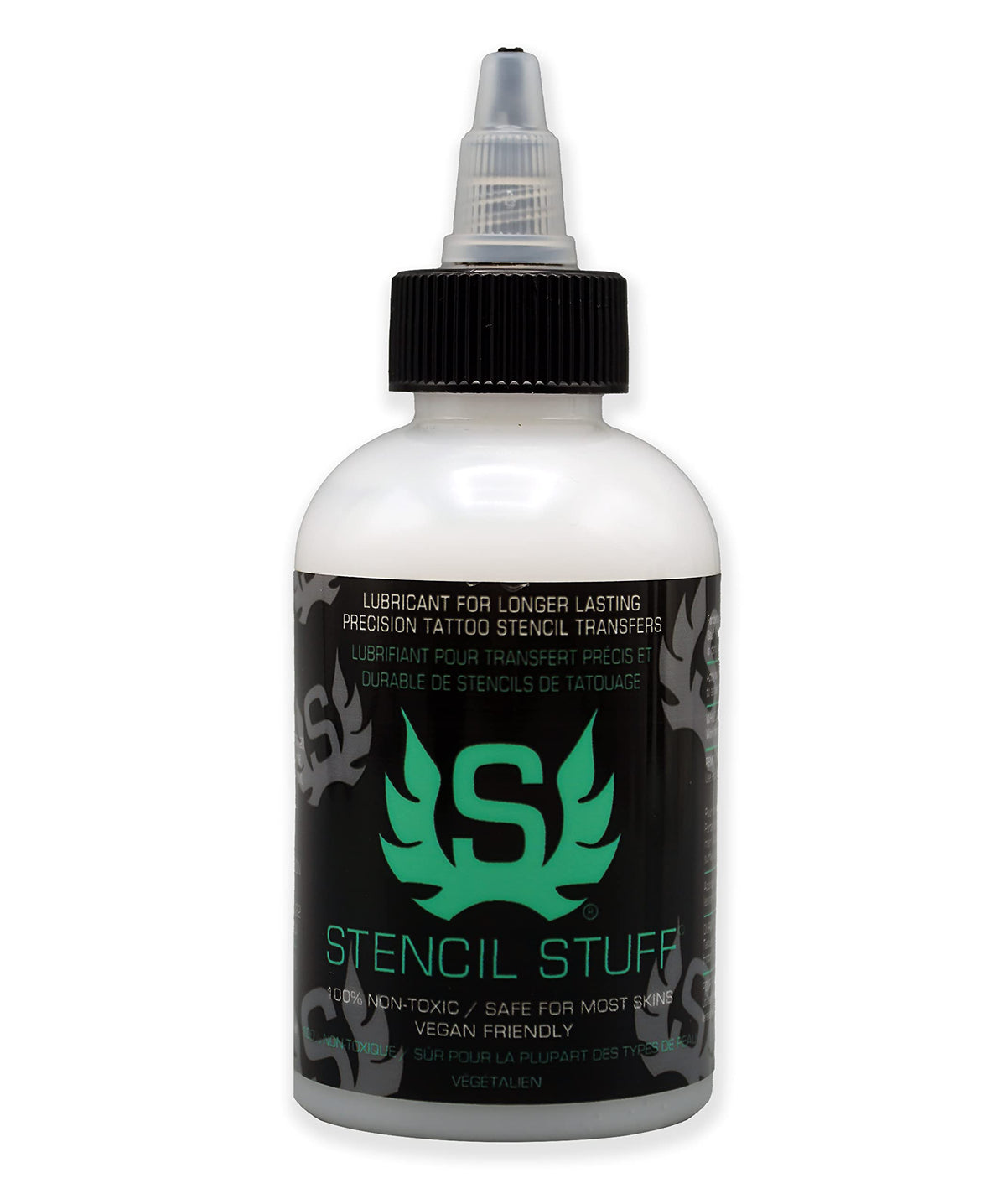 Stencil Stuff 4-ounce bottle front enables crisp stencil transfers with lasting results.