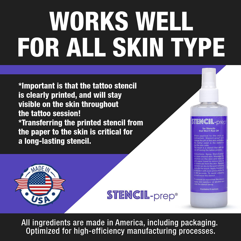 Stencil Prep vegan-friendly label indicates skin-safe formula for diverse artists.