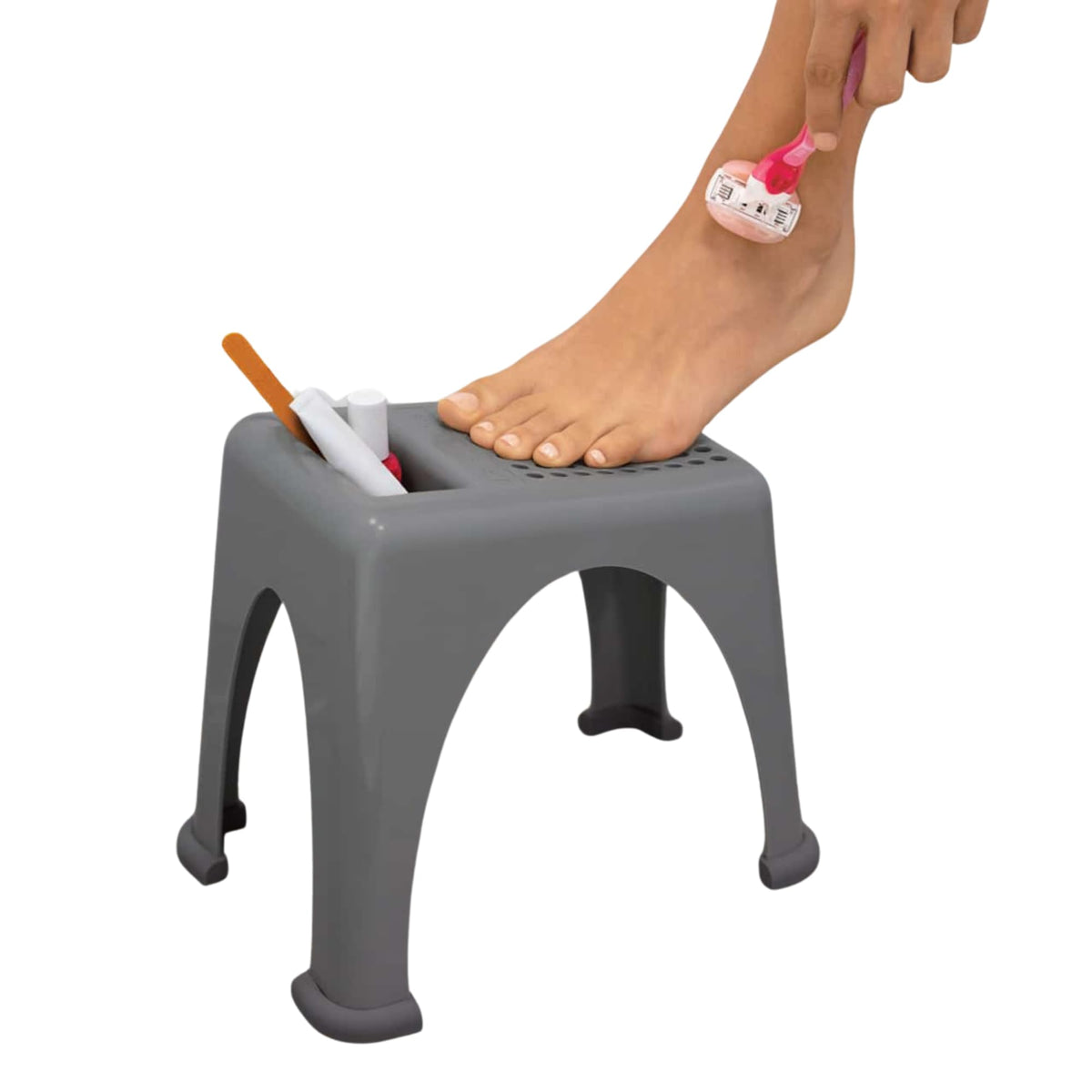Step Up Easy Reach Foot Rest in the shower offers stable balance for shaving.