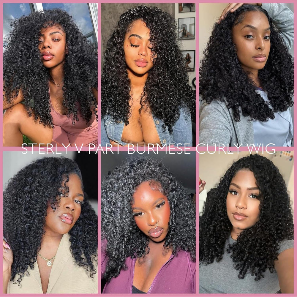 Sterly V Part Wig model demonstrating glue-free secure fit