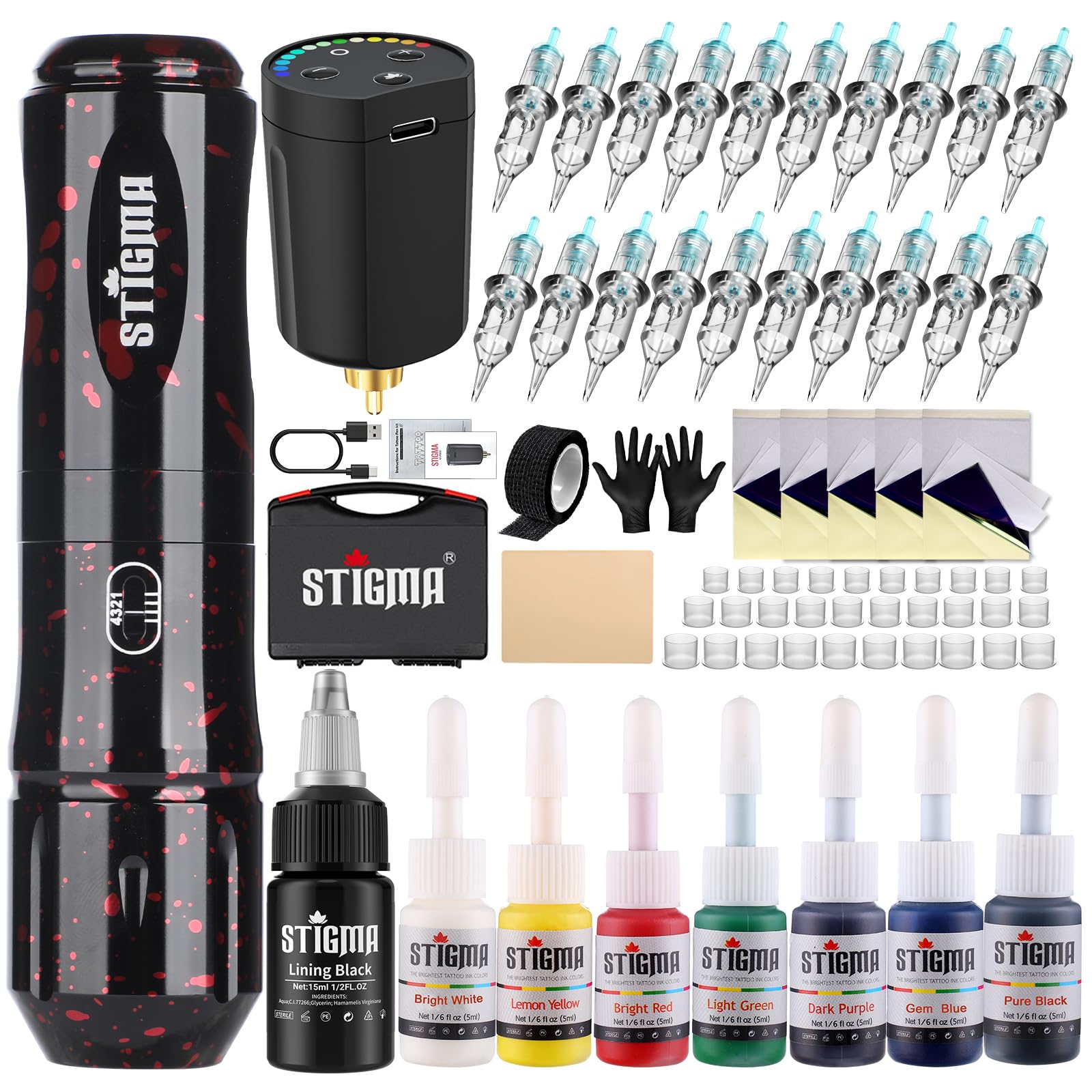 STIGMA cordless tattoo gun kit setup shows organized components for easy beginners' practice.