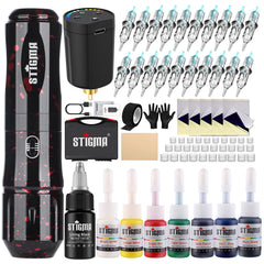 STIGMA cordless tattoo gun kit setup shows organized components for easy beginners' practice.
