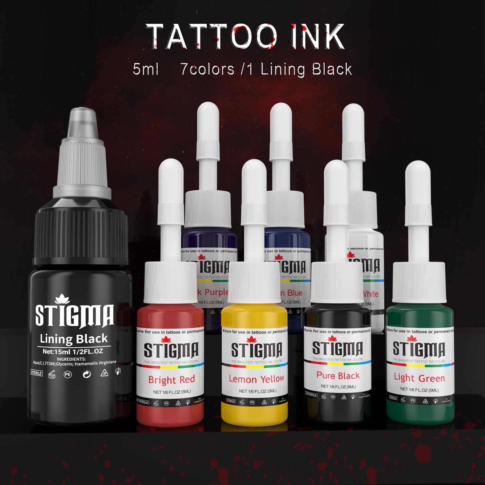 STIGMA tattoo ink color set image showcases practice-ready colors for shading.