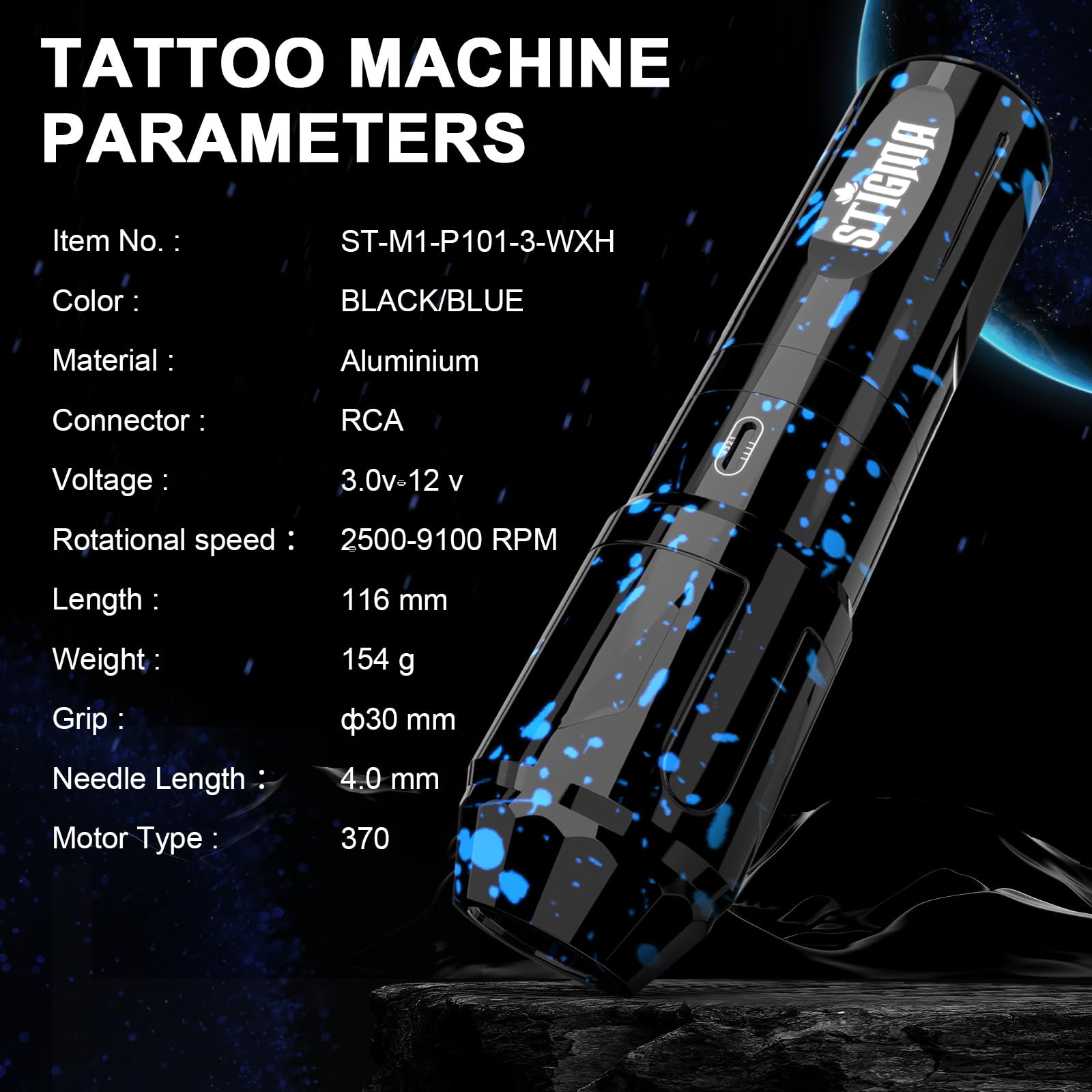 STIGMA wireless tattoo gun kit batteries shown with USB-C charging for on-the-go sessions.