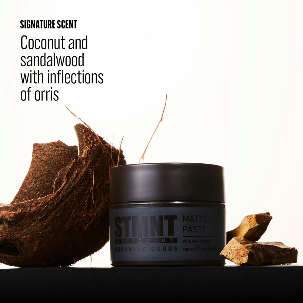 STMNT paste on bathroom vanity in styling routine showing daily grooming benefit