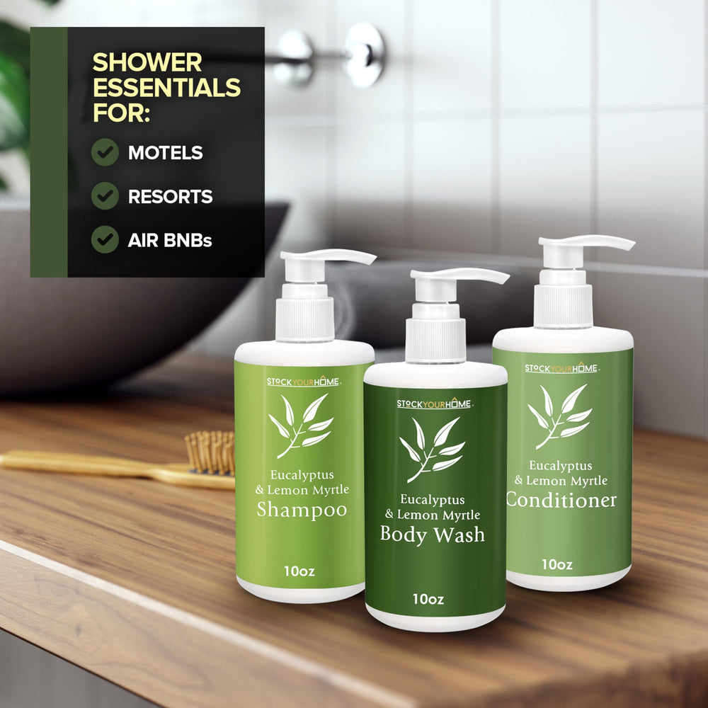 Stock Your Home body wash bottle closeup conveys refreshing eucalyptus lemon myrtle scent.