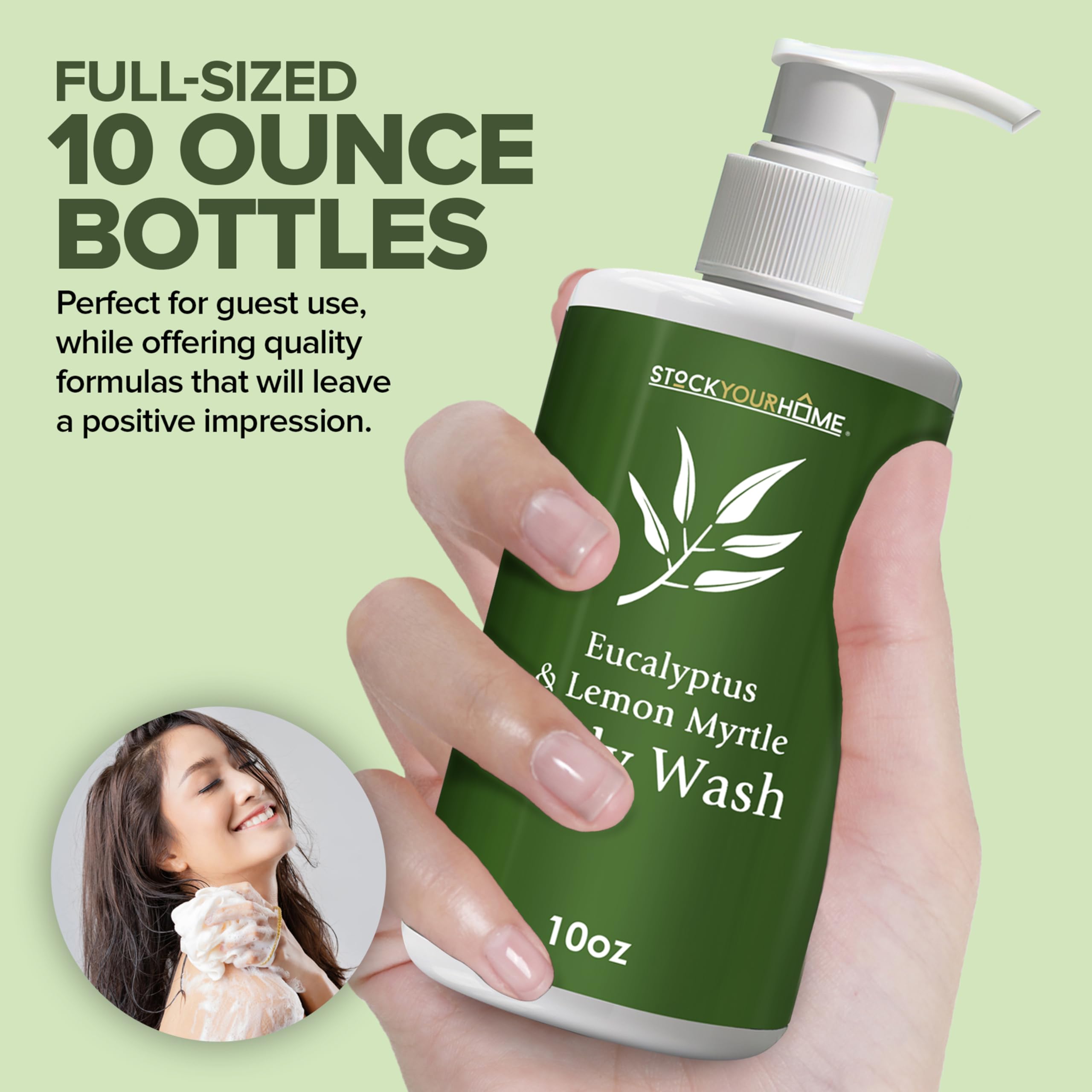 Stock Your Home shampoo bottle closeup emphasizes hotel-grade formulation for comfortable stays.