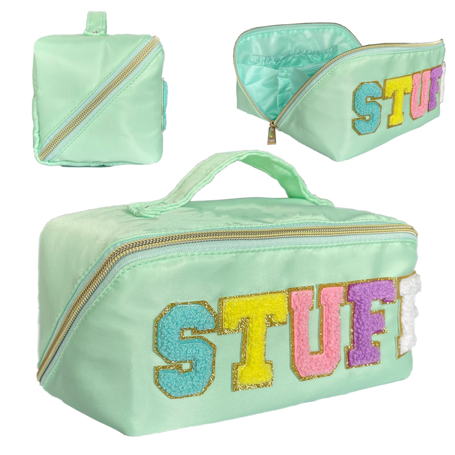 STOMKIRE Preppy Bag light green front view, perfect for daily makeup on the go.