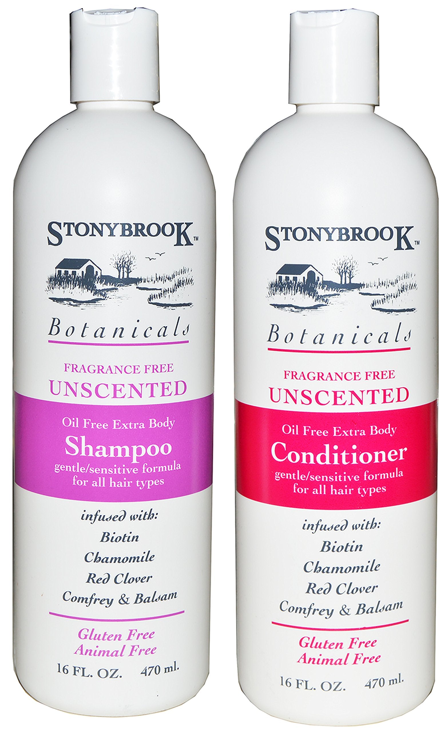 Stonybrook fragrance-free unscented shampoo and conditioner set for sensitive scalps and gentle cleansing.
