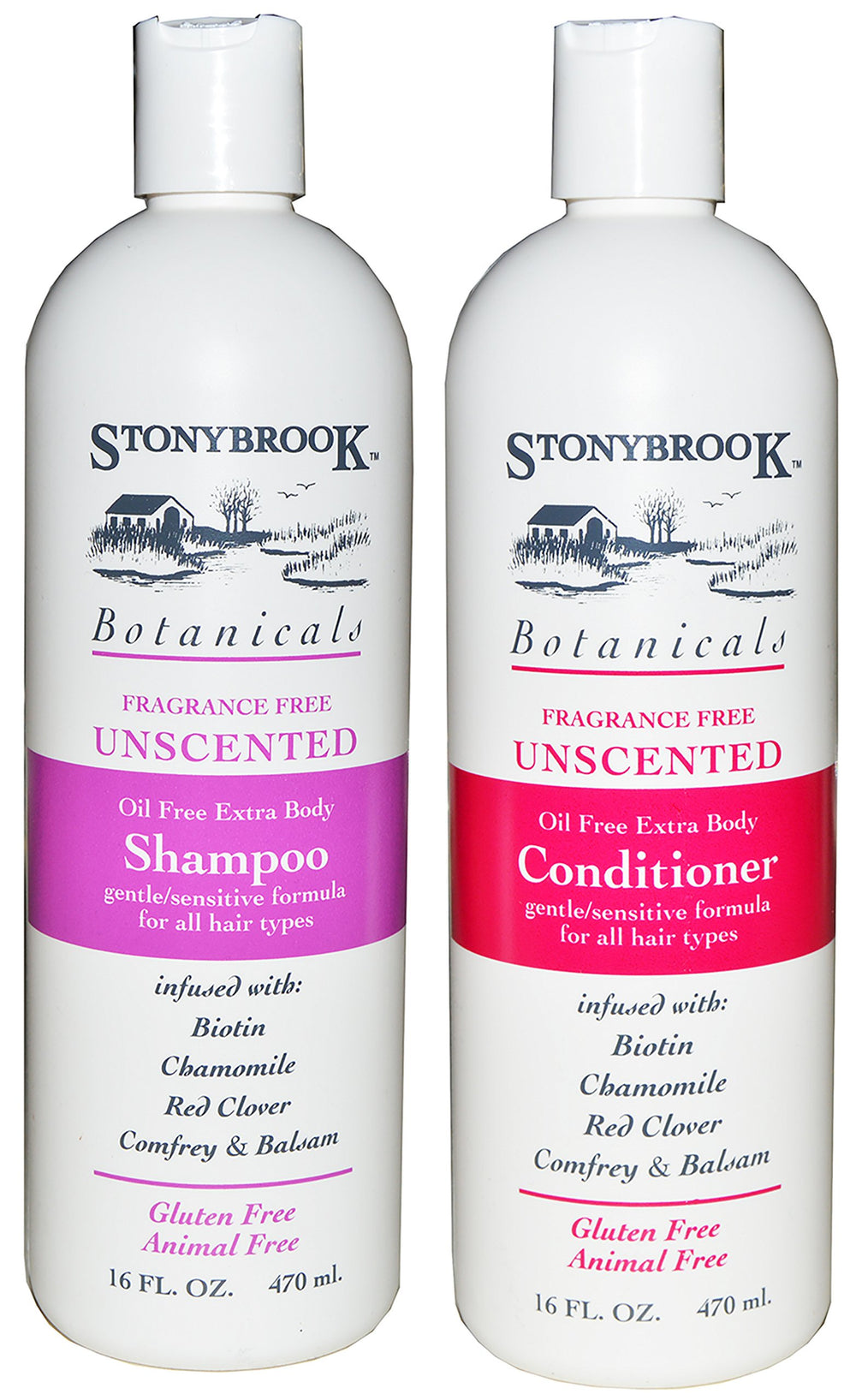 Stonybrook fragrance-free unscented shampoo and conditioner set for sensitive scalps and gentle cleansing.