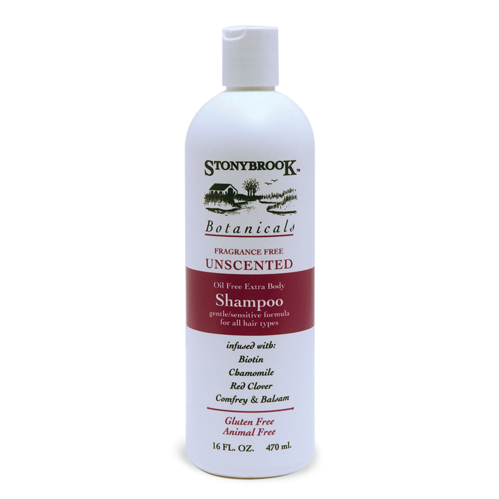Stonybrook unscented shampoo label close-up highlights a 16 oz bottle for everyday use.