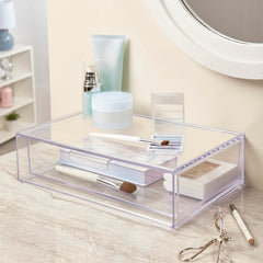 STORi Audrey clear bin holds cosmetics for quick access
