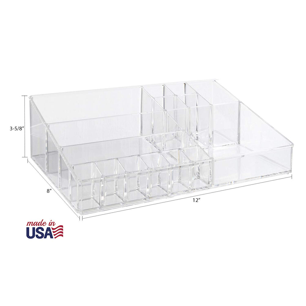 STORi Audrey clear vanity organizer divided compartments close-up showcases durable BPA-free plastic.