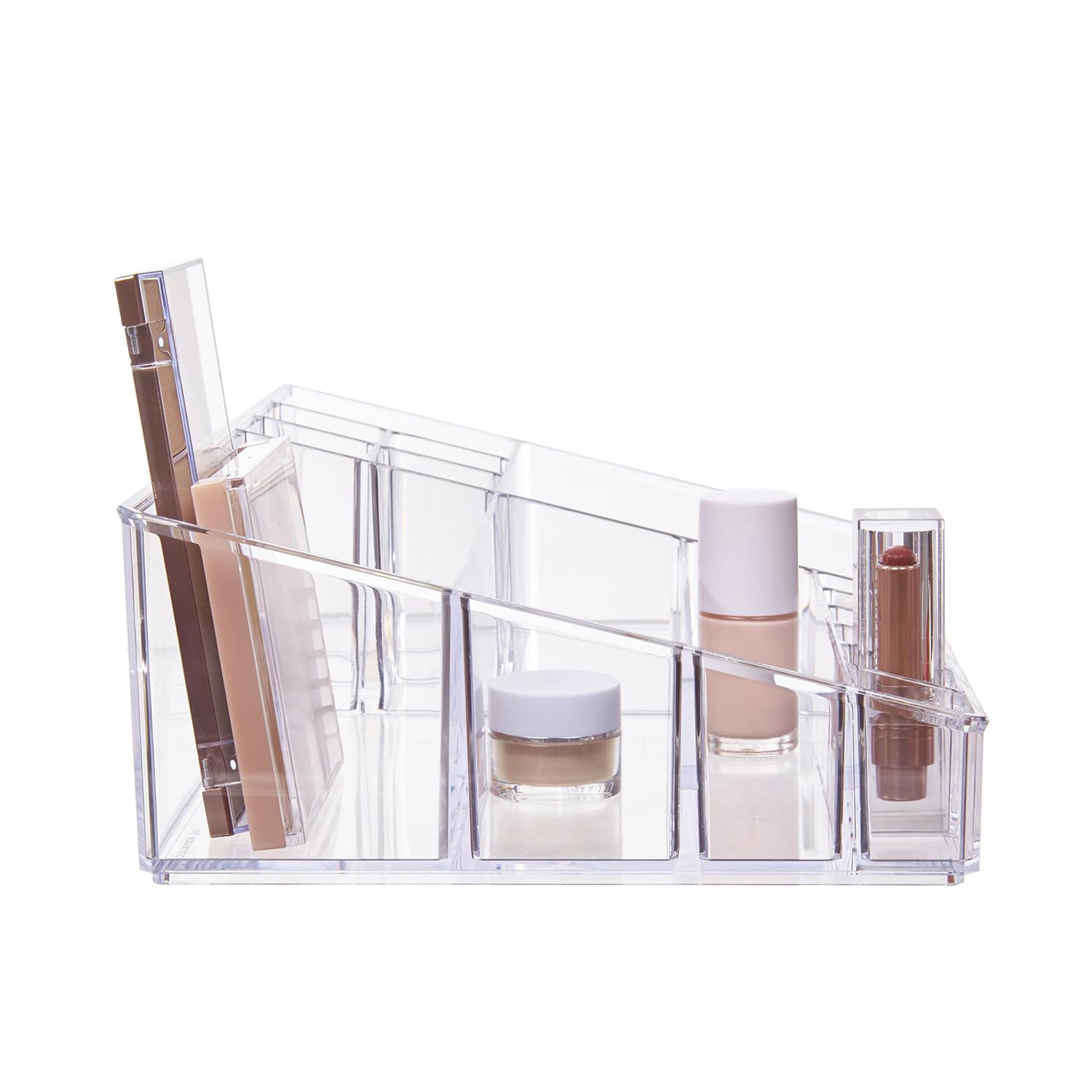 STORi Audrey clear vanity organizer on dresser demonstrates compact storage to maximize space.
