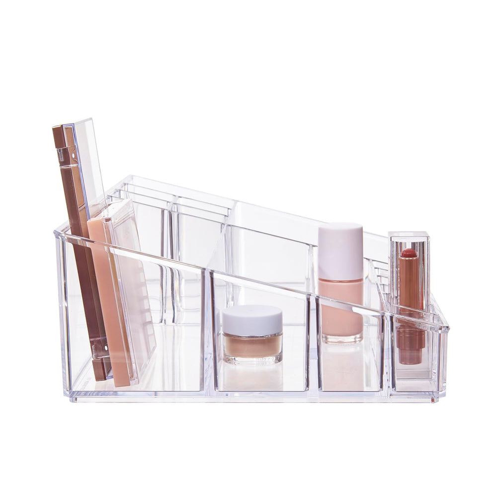 STORi Audrey clear vanity organizer on dresser demonstrates compact storage to maximize space.