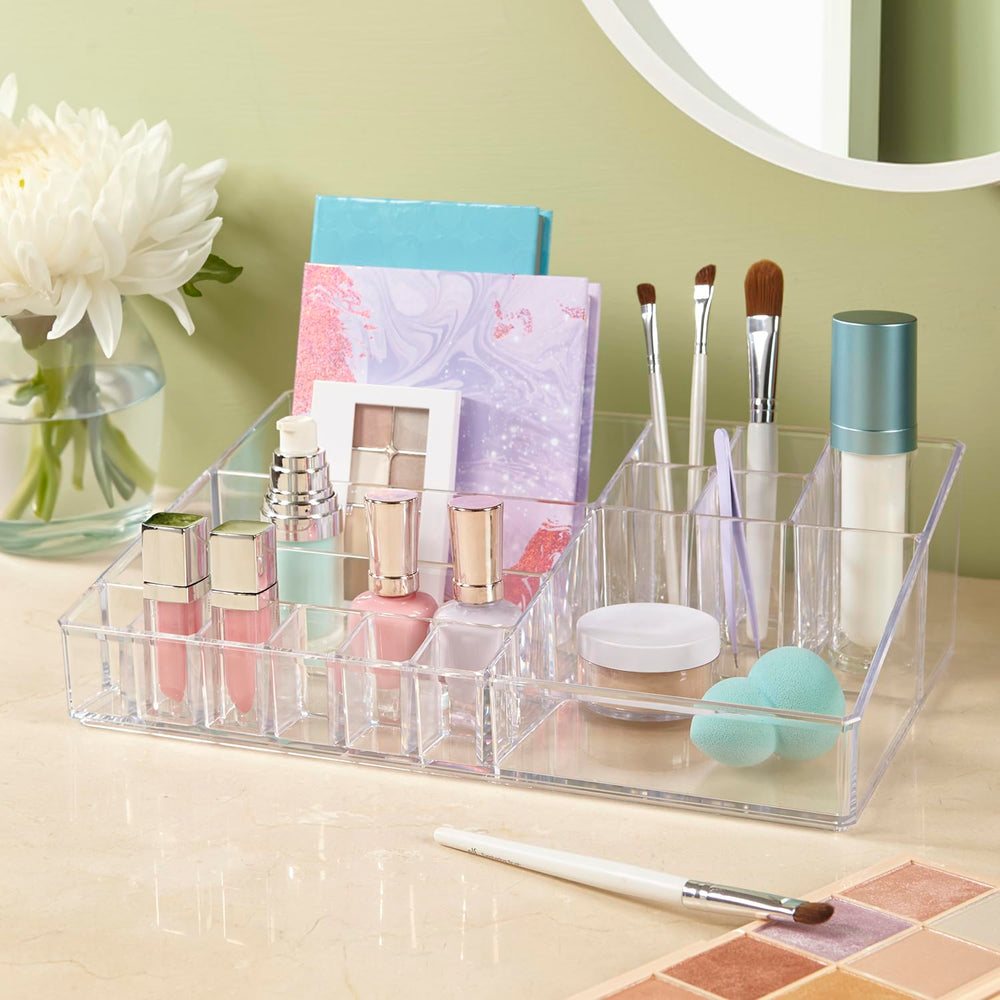 STORi Audrey clear vanity organizer stacked beside Audrey drawers highlights customizable organization.