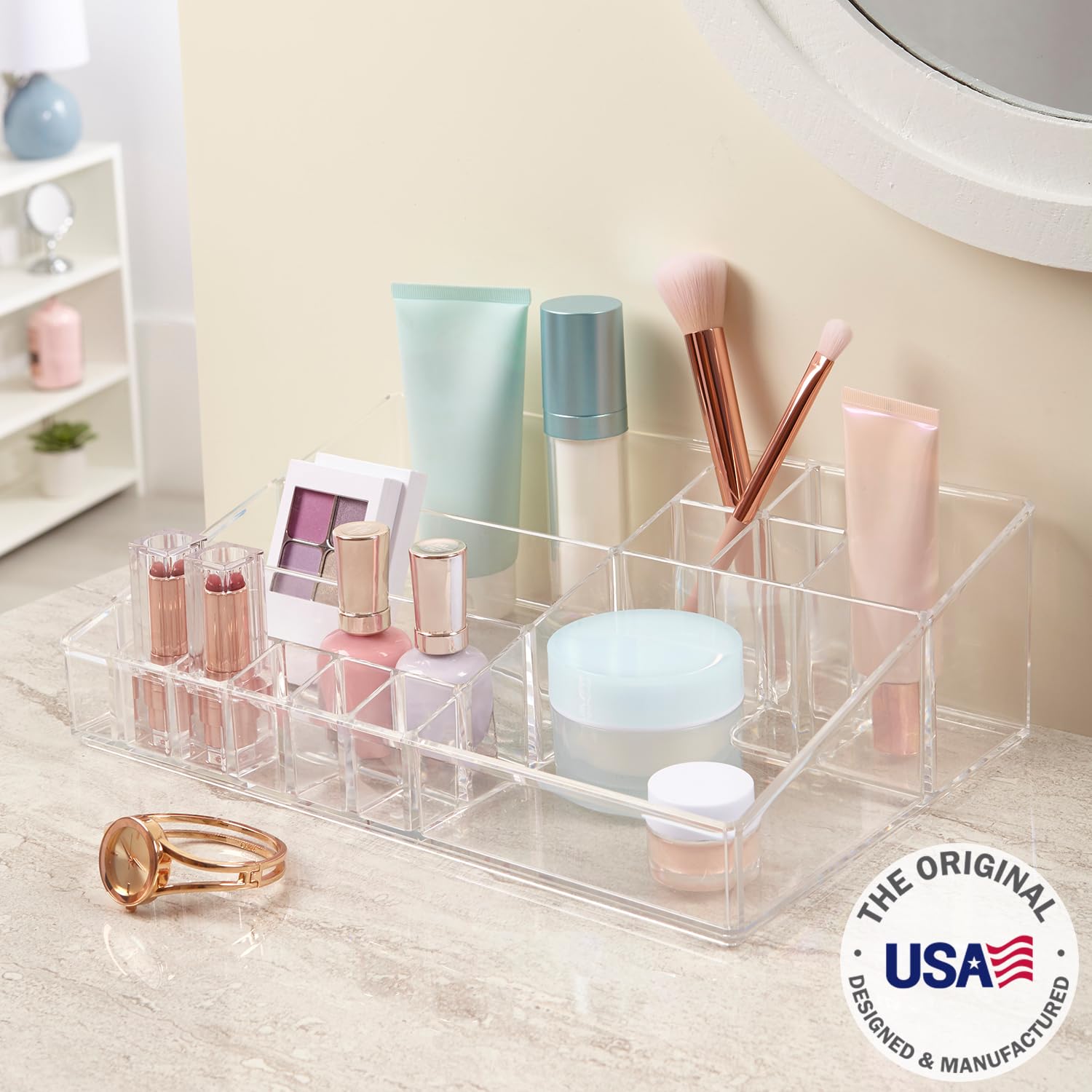 STORi Audrey clear vanity organizer top-down view reveals organized compartments.