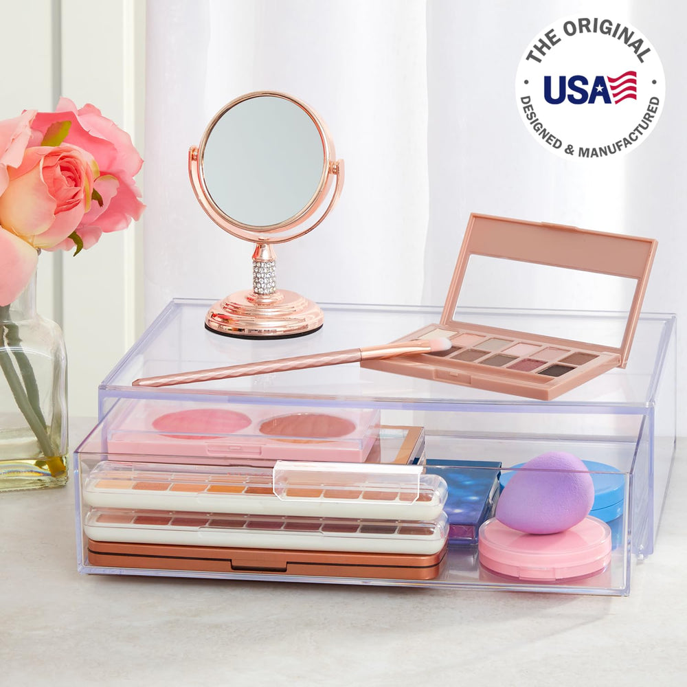 STORi Audrey eyeshadow palettes neatly stored in a transparent bin