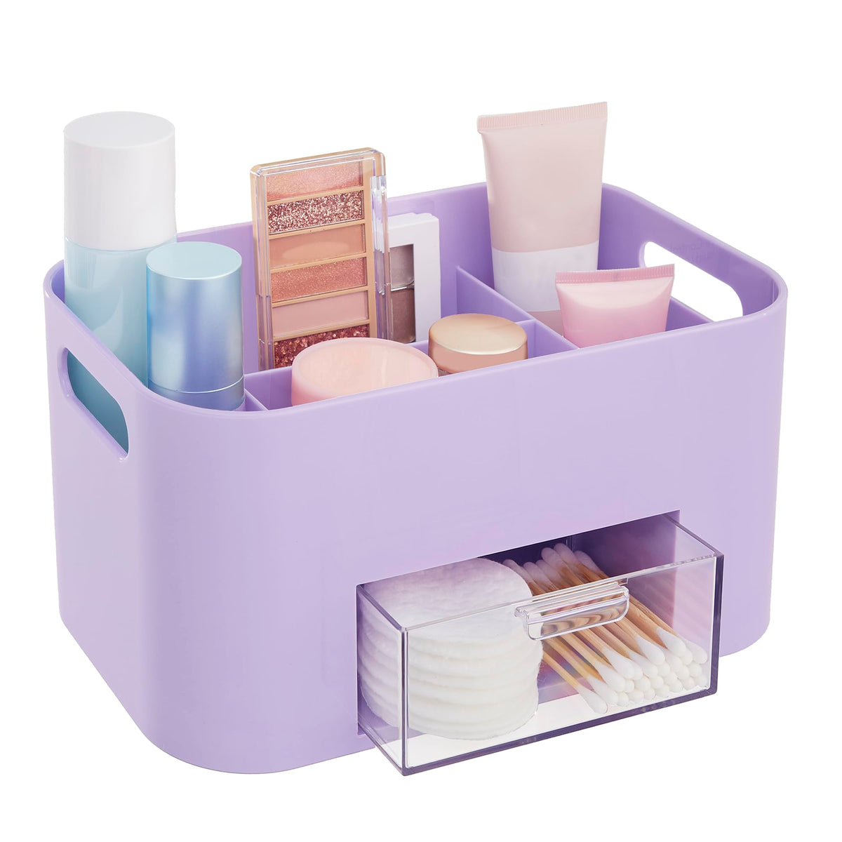 STORi Bliss Lilac makeup organizer on countertop for easy cosmetic access.