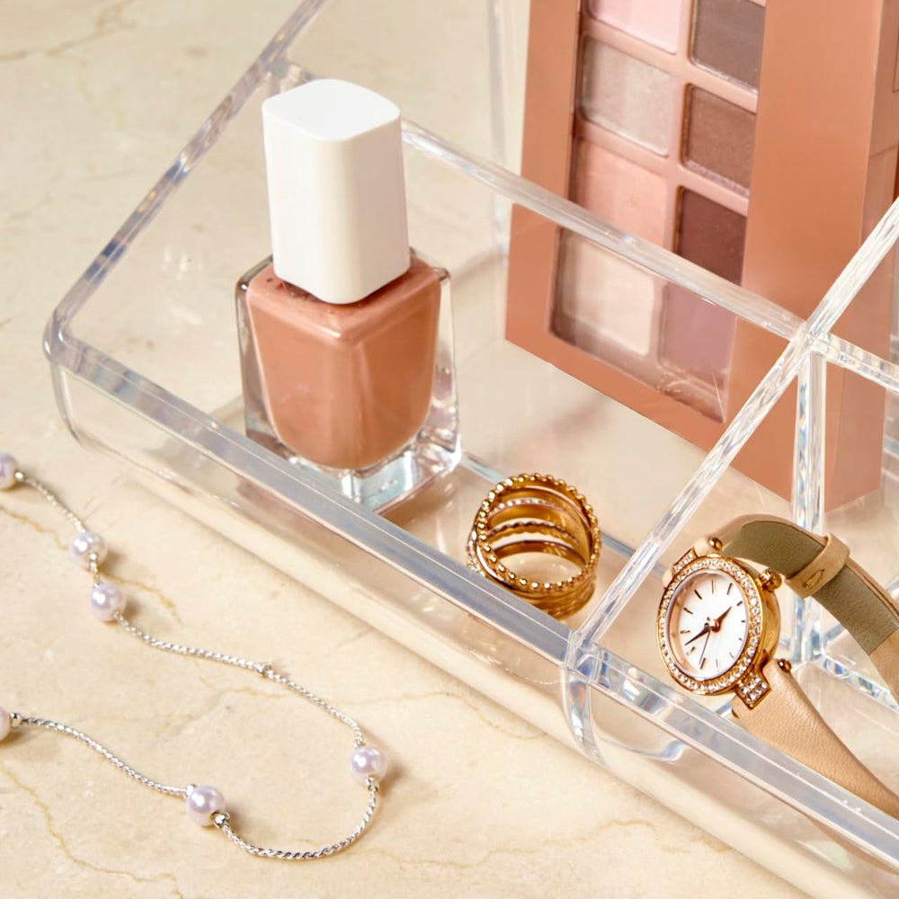 STORi clear acrylic organizer boosts visibility for cosmetics and accessories.