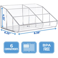 STORi six-compartment unit stores eyeshadow palettes upright for quick viewing.