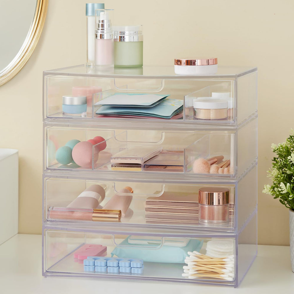 STORi STAX bathroom vanity use keeps cosmetics organized