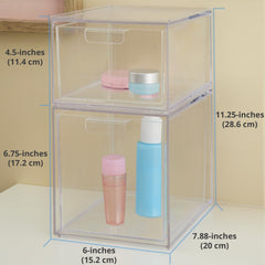 STORi Audrey clear bin makeup storage keeps brushes, palettes, and liners organized at a glance.
