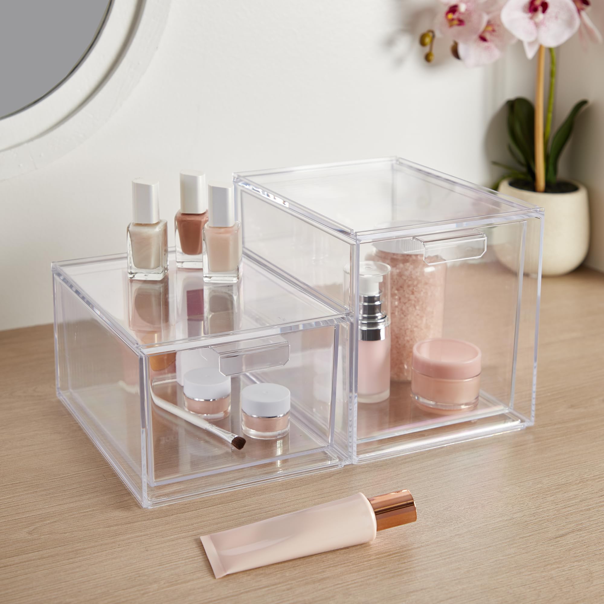 STORi Audrey clear bin office supplies streamline desks with modular stackable design.