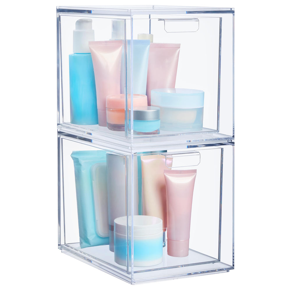 STORi Audrey stackable bin front view for easy vanity makeup access