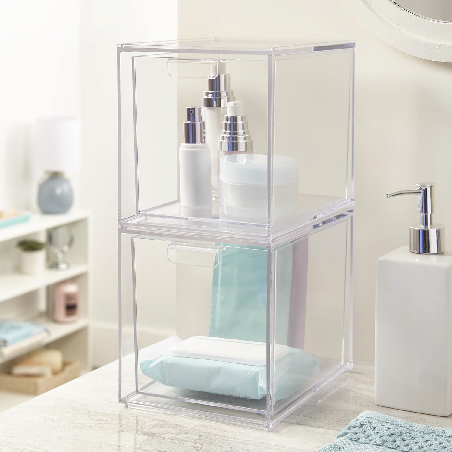 STORi Audrey stackable bin side profile shows slim, space-saving bathroom storage