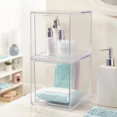 STORi Audrey stackable bin side profile shows slim, space-saving bathroom storage